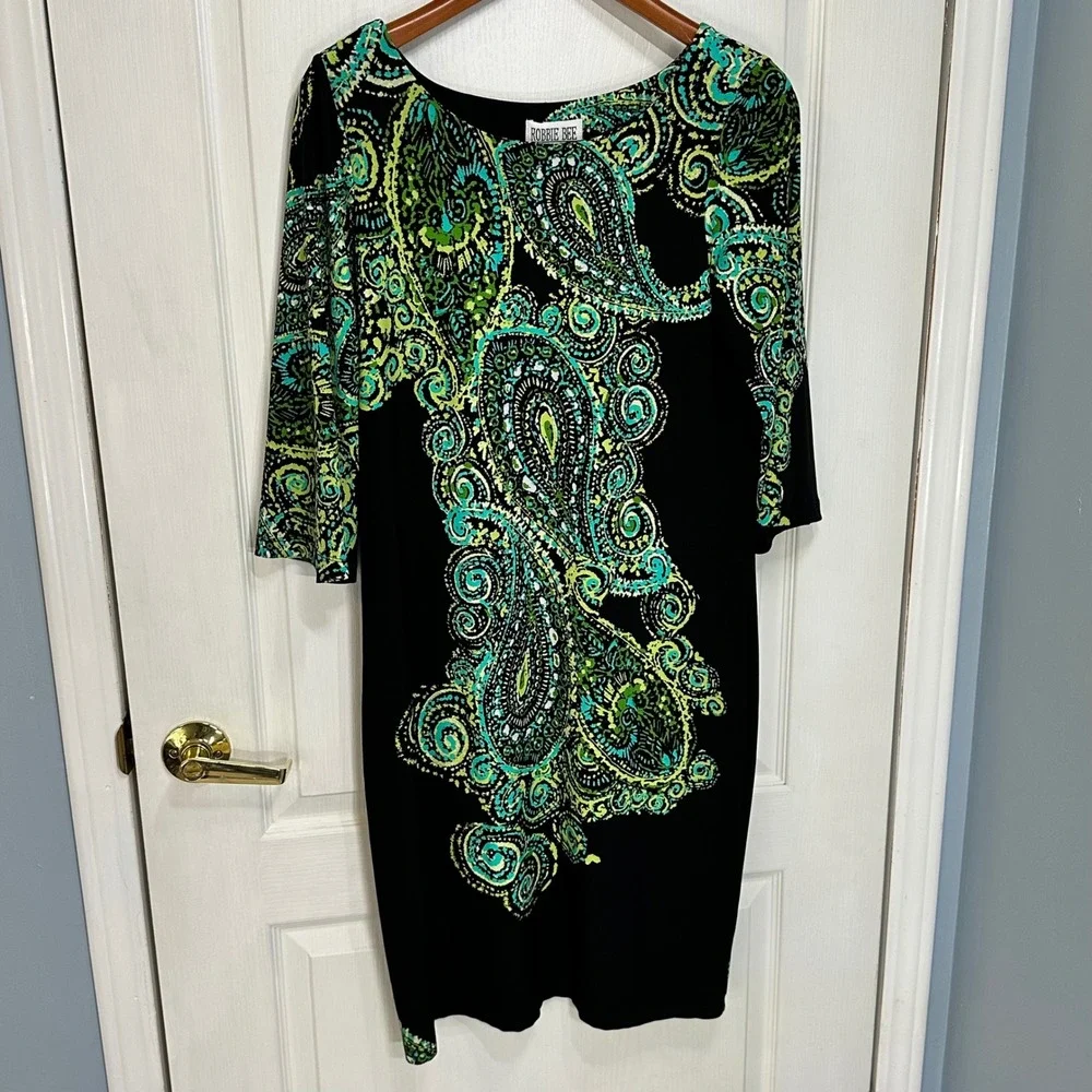 Robbie Bee Womens Black Green Paisley Print 3/4 Sleeve Shift Dress Size M